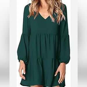 Casual Green Long Sleeve V-Neck Sundress